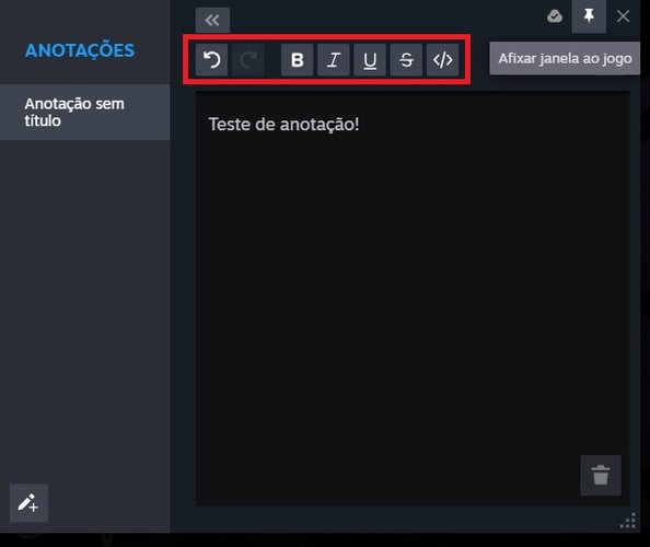 Assim como em editores de texto, as anotações da Steam contam com opções de formatação