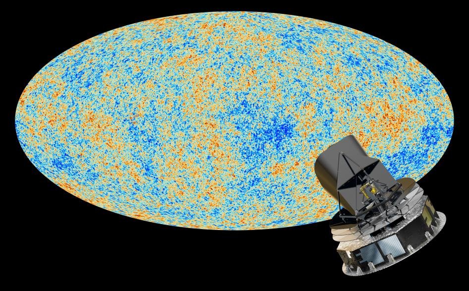 A luz mais antiga do Universo, a radiação cósmica de fundo, em um mapa elíptico.