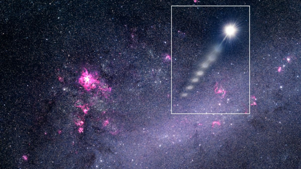 Ilustração de uma estrela hiperveloz vista enquanto escapa da galáxia satélite da Via Láctea, a Grande Nuvem de Magalhães. (Crédito da imagem: ESO)