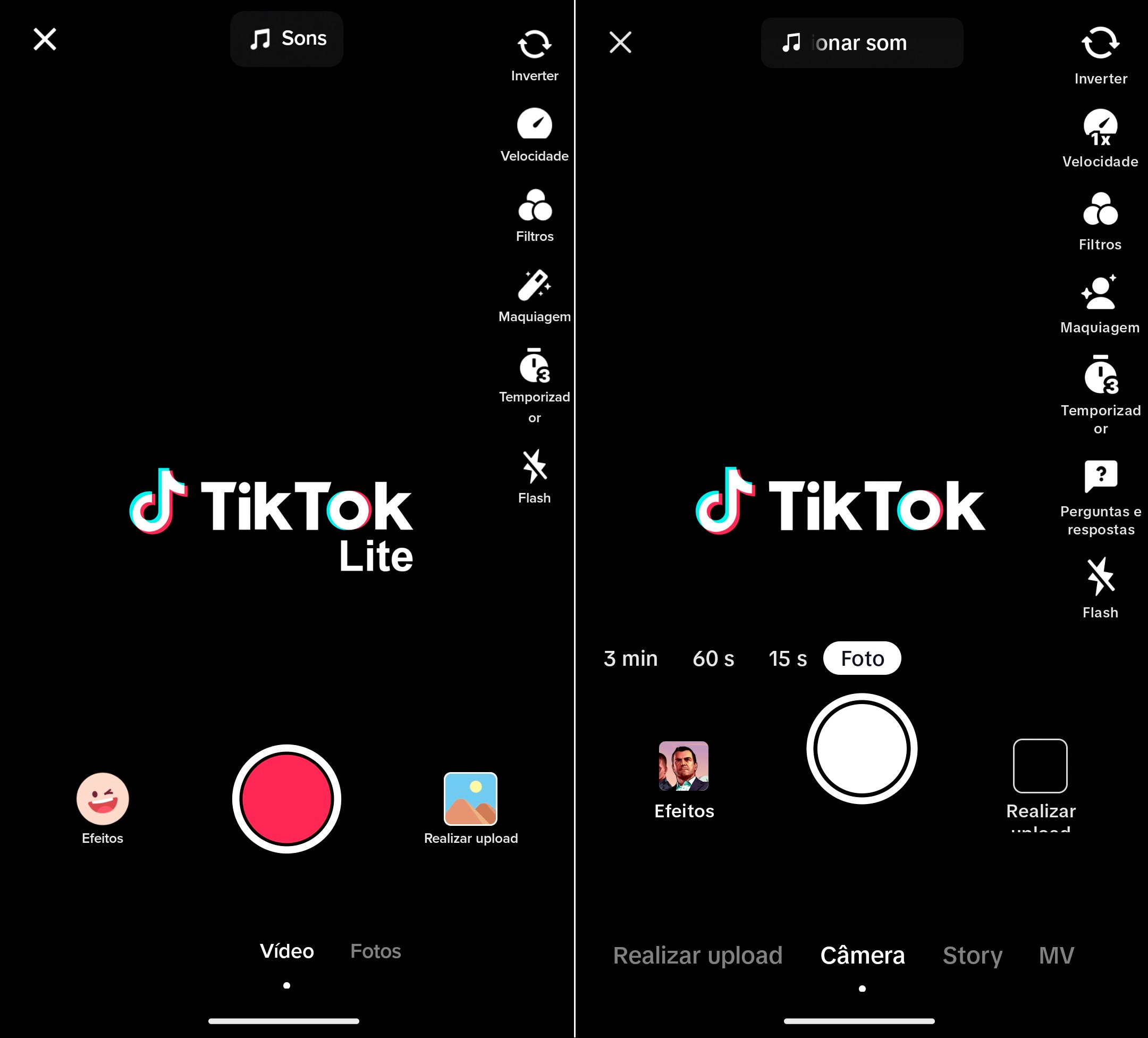 Comparativo das telas de criação do TikTok Lite e do TikTok padrão