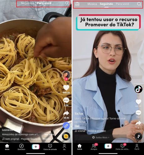 A barra superior das versões do TikTok Lite e TikTok padrão respectivamente