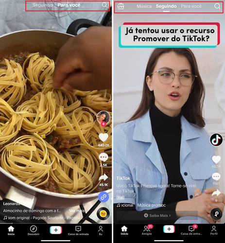 A barra superior das versões do TikTok Lite e TikTok padrão respectivamente