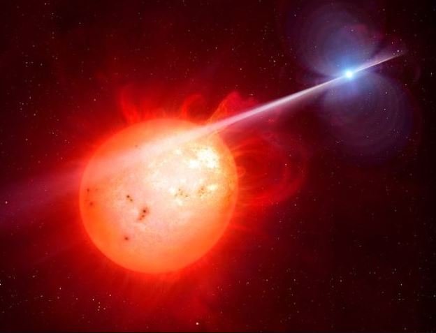A imagem ilustra a AR Scorpii roubando energia da anã vermelha; os astrônomos detectaram o novo pulsar de anã branca por meio de sinais de rádio e raios-x que foram lançados para fora da estrela.