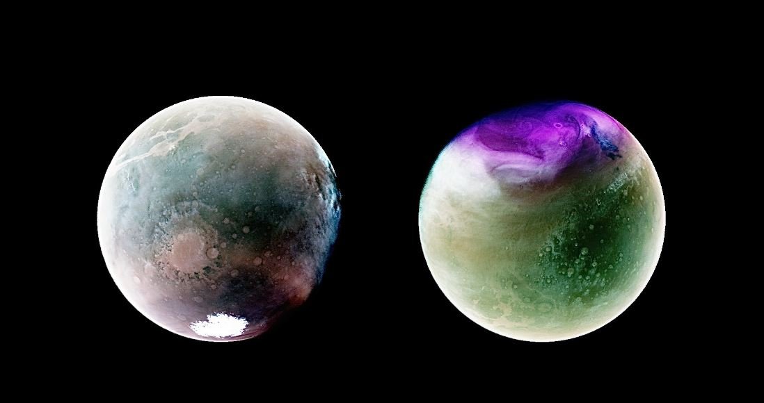 Na imagem, os tons de roxo representam o ozônio atmosférico, as nuvens e neblinas estão em branco ou azul e a superfície do planeta é retratada em bege ou verde.