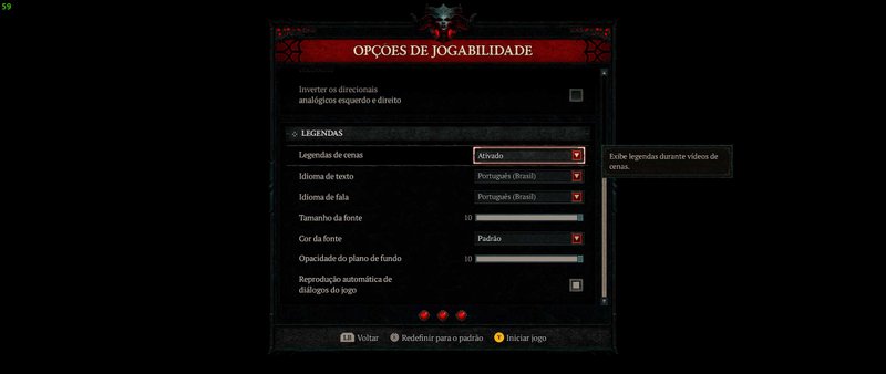 Descrição da Imagem: Menus de opções de legendas do jogo