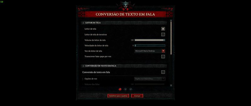 Descrição da Imagem: Menus com opções de leitor de tela do jogo