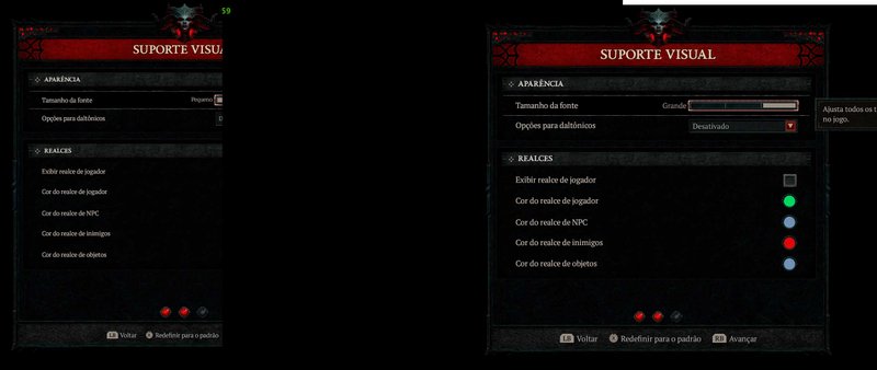 Descrição da Imagem: Comparação de escala de texo do jogo sendo na esquerda o menor tamanho e na direita o maior