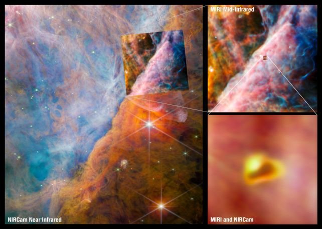 Parte da Nebulosa de Orion, conhecida como Barra de Orion. (Créditos: ESA/Webb, NASA, CSA, M. Zamani (ESA/Webb) e equipe PDRs4All ERS).
