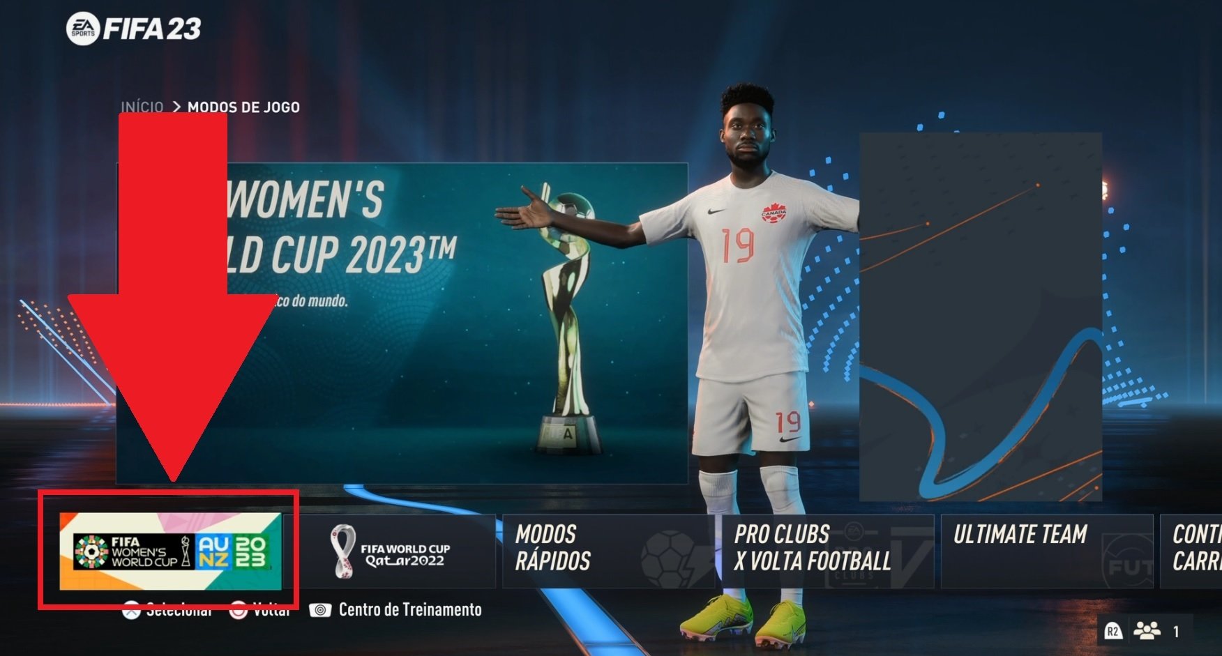 Procure pelo ícone da Copa do Mundo Feminina 2023 no menu do seu FIFA 23