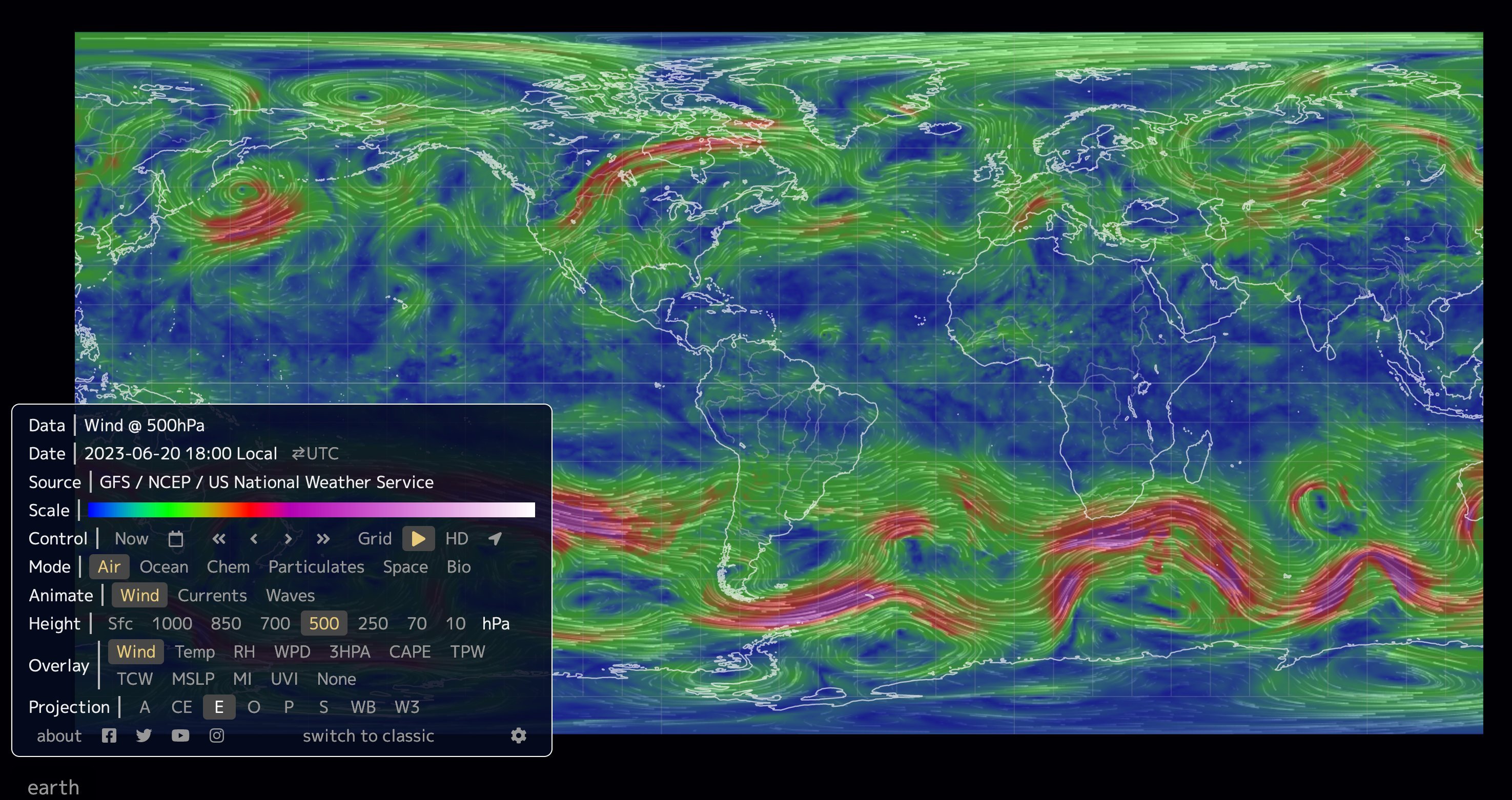 Uma imagem das correntes de ar da Terra. (Crédito: Michael Mann/earth.nullschool).