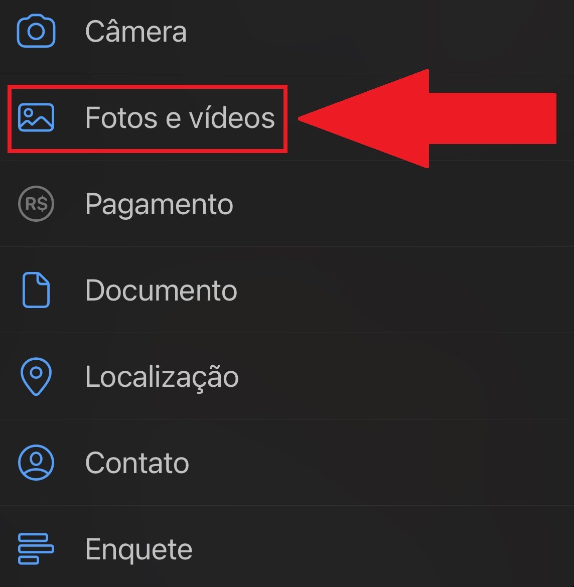 Selecione a opção para enviar "Fotos e vídeos"