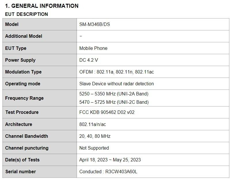 Detalhes do Galaxy M34 5G na FCC.