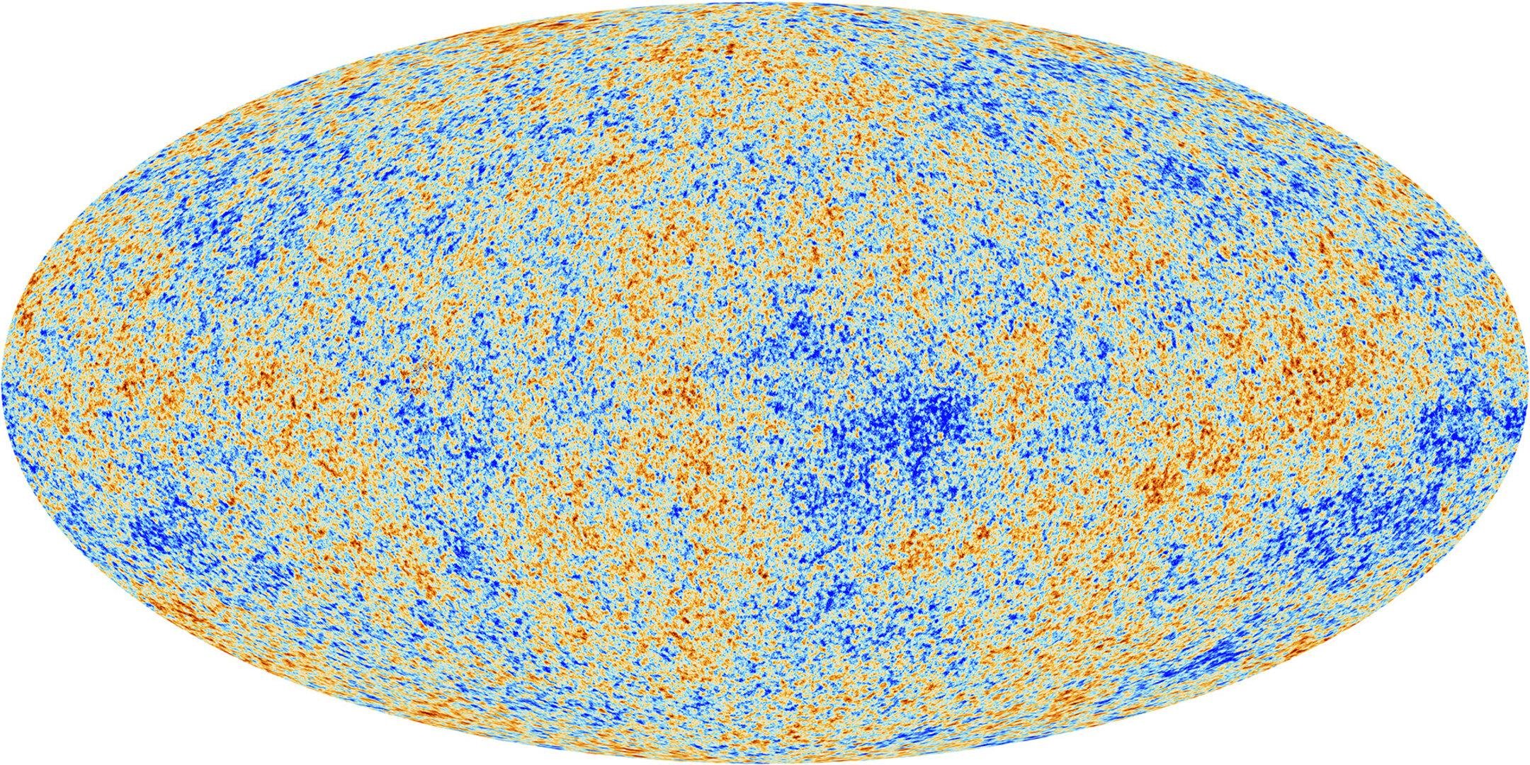 Mapa da radiação cósmica de fundo observada pelo satélite Planck. A diferença de cores nas manchas apresentam as flutuações de temperatura.