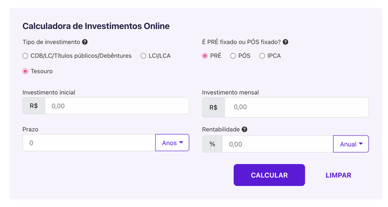 O Simulador da Mobills calcula o rendimento de investimentos como CDB, LCI e LCA.