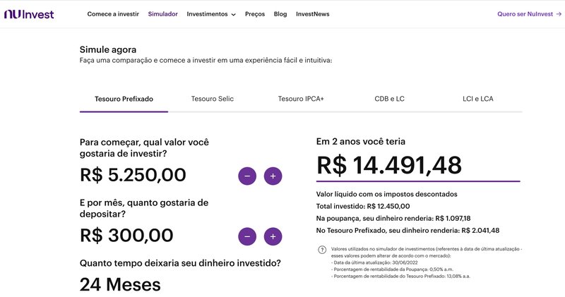 O Simulador da NuInvest permite que o usuário faça comparações entre investimentos.