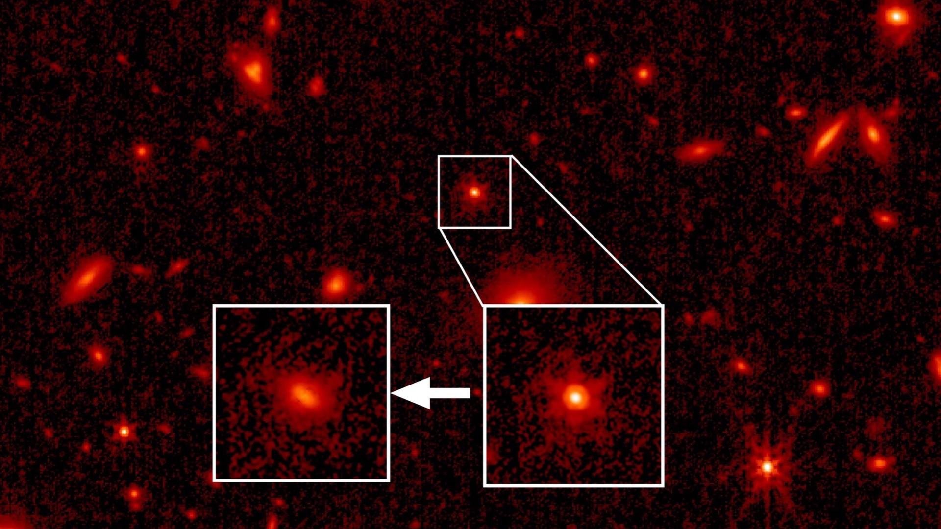 Um close no quasar e sua galáxia e, abaixo, a mesma imagem com a luz do quasar "subtraída". 