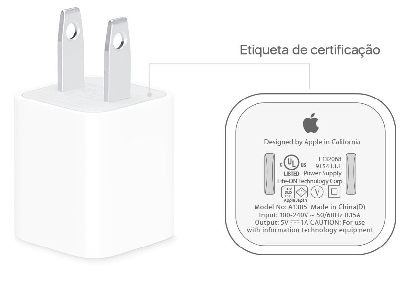 Além do acabamento refinado, o carregador de iPhone original traz informações em cinza.