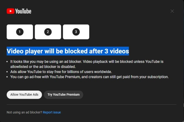 Captura de tela do aviso no YouTube contra os bloqueadores de anúncios.