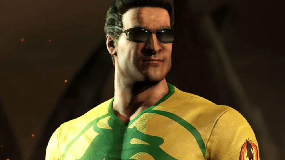 Das telonas para os estádios, Johnny Cage vestiu o uniforme verde e amarelo de jogador de futebol em MK X