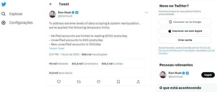 Tweets de Elon Musk voltaram a ficar visíveis sem a exigência de login.