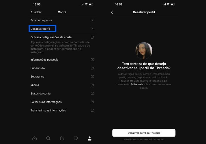 Desative seu perfil na rede social Threads, do Instagram.