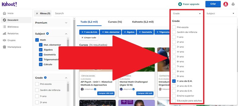 É possível filtrar as buscas do Kahoot por tema, e até mesmo por período escolar