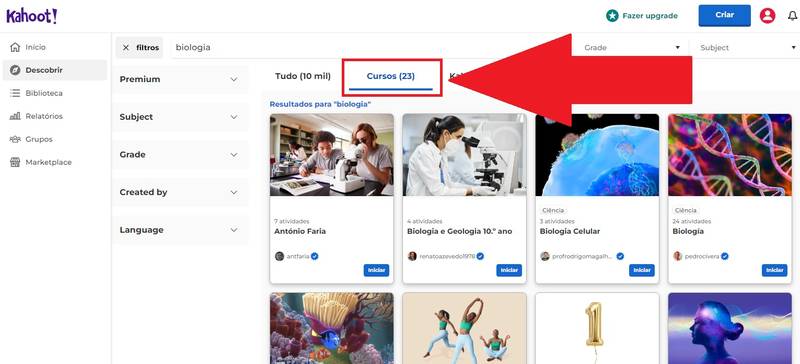 Filtrando na opção "Curso" você pode encontrar diversas aulas online para ajudar no seu aprendizado