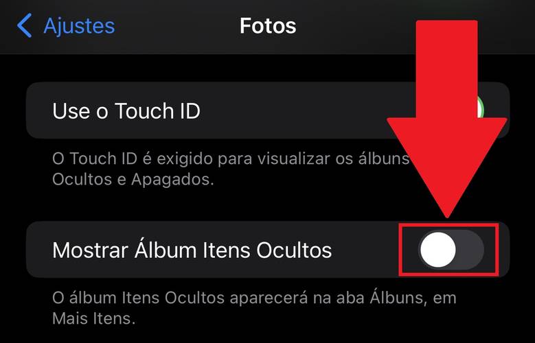 É preciso desativar a chave para que a pasta secreta no iPhone suma da visualização normal na sua biblioteca de fotos