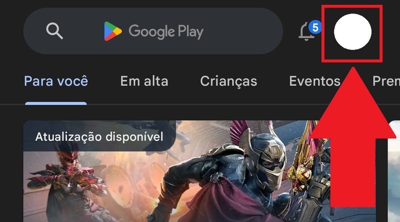 O ícone do seu perfil fica no topo da tela na página principal da Play Store