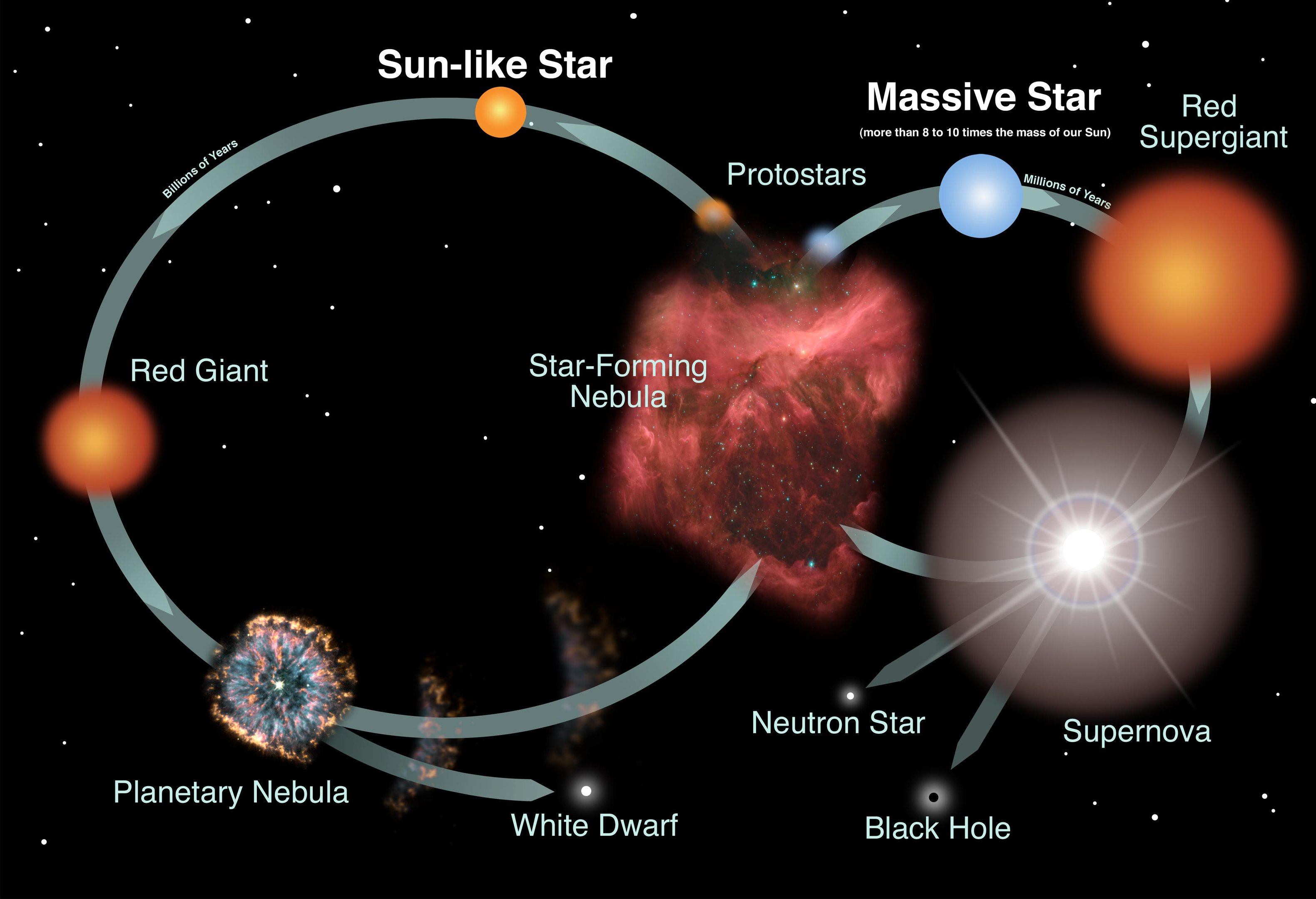 Representação esquemática do ciclo de vida das estrelas.