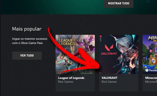 Selecione Valorant na lista de jogos disponíveis para PC