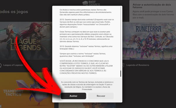 Leia os termos e clique em aceitar para continuar e ter acesso aos benefícios de Valorant