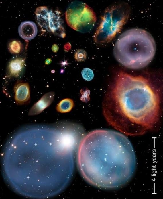 A ilustração acima apresenta 22 nebulosas planetárias em ordem de tamanho.