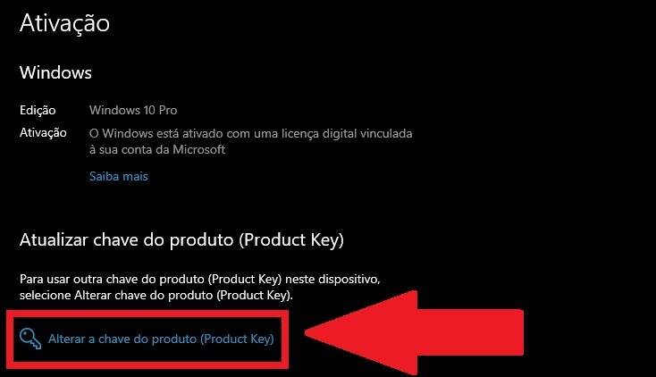 É preciso clicar em "Ativar a chave do produto (Product Key)"