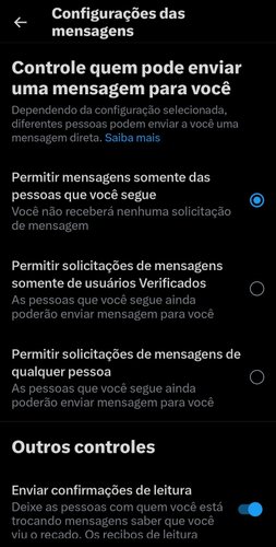 Nova opção de configuração das DMs do Twitter