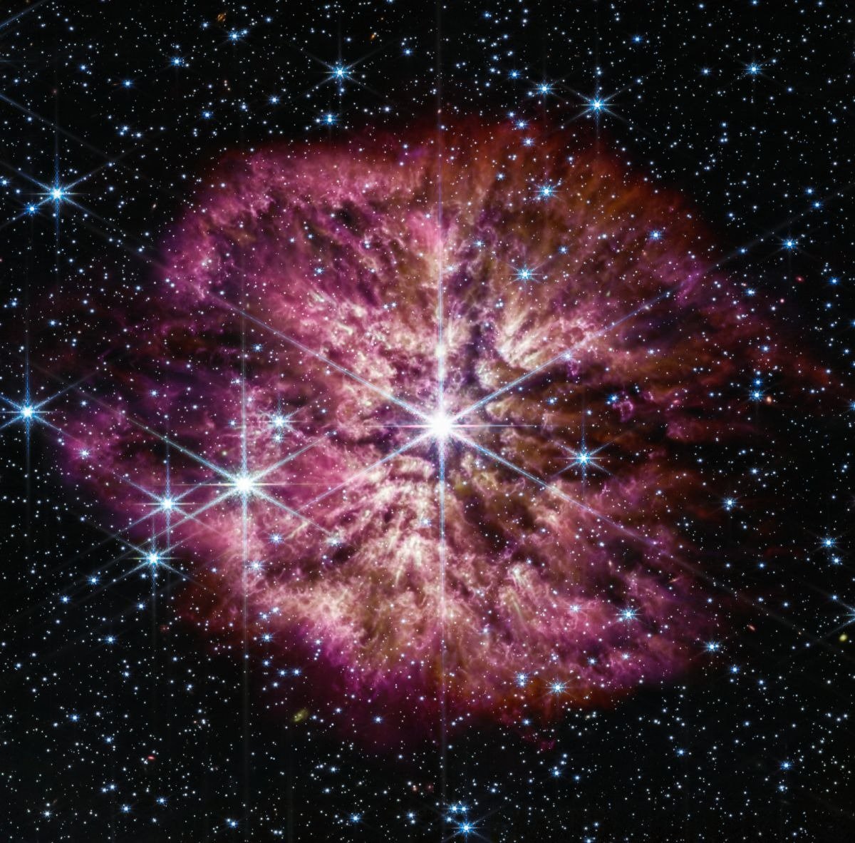 Imagem da estrela Wolf-Rayet WR 124 pelo JWST. (NASA, ESA, CSA, STScI, Webb ERO Production Team)
