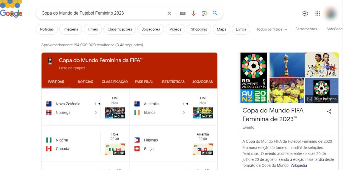 O Google mostra as principais informações sobre a Copa do Mundo Feminina 2023.