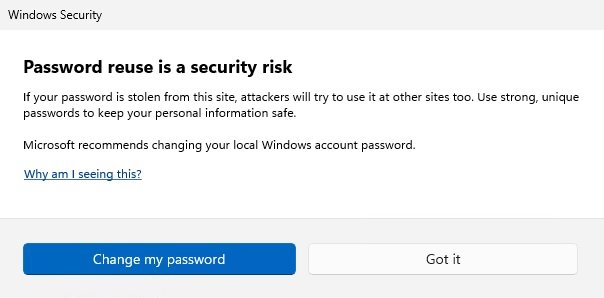 Alerta do uso de senhas inseguras na nova versão de teste do Windows 11.