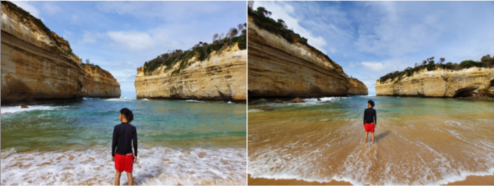 Exemplo de foto usando a câmera normal (à esquerda) e a ultra wide (à direita)