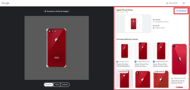 O lado direito da tela mostra os resultados similares à imagem enviada