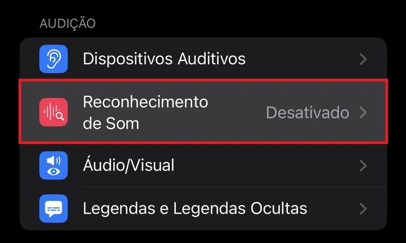 Aperte em "Reconhecimento de Som" para ativar a opção