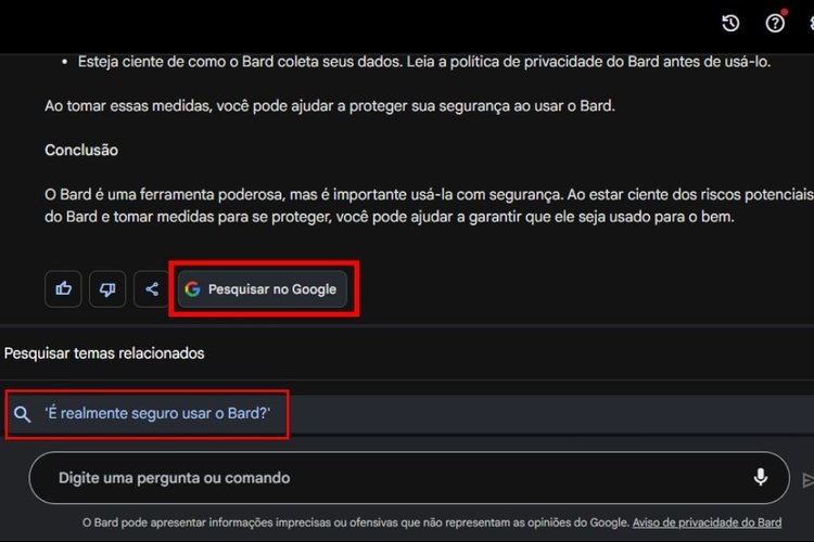 Diferente do ChatGPT, o Bard aponta as fontes utilizadas e tem em um botão para pesquisar mais sobre o tema.