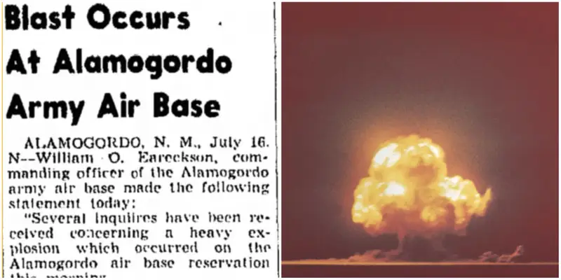 Recorte de jornal da época diz "Explosões ocorrem na base aérea do exército de Alamogordo".