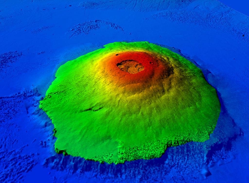 Representação da ilha vulcânica no meio do oceano marciano desaparecido.
