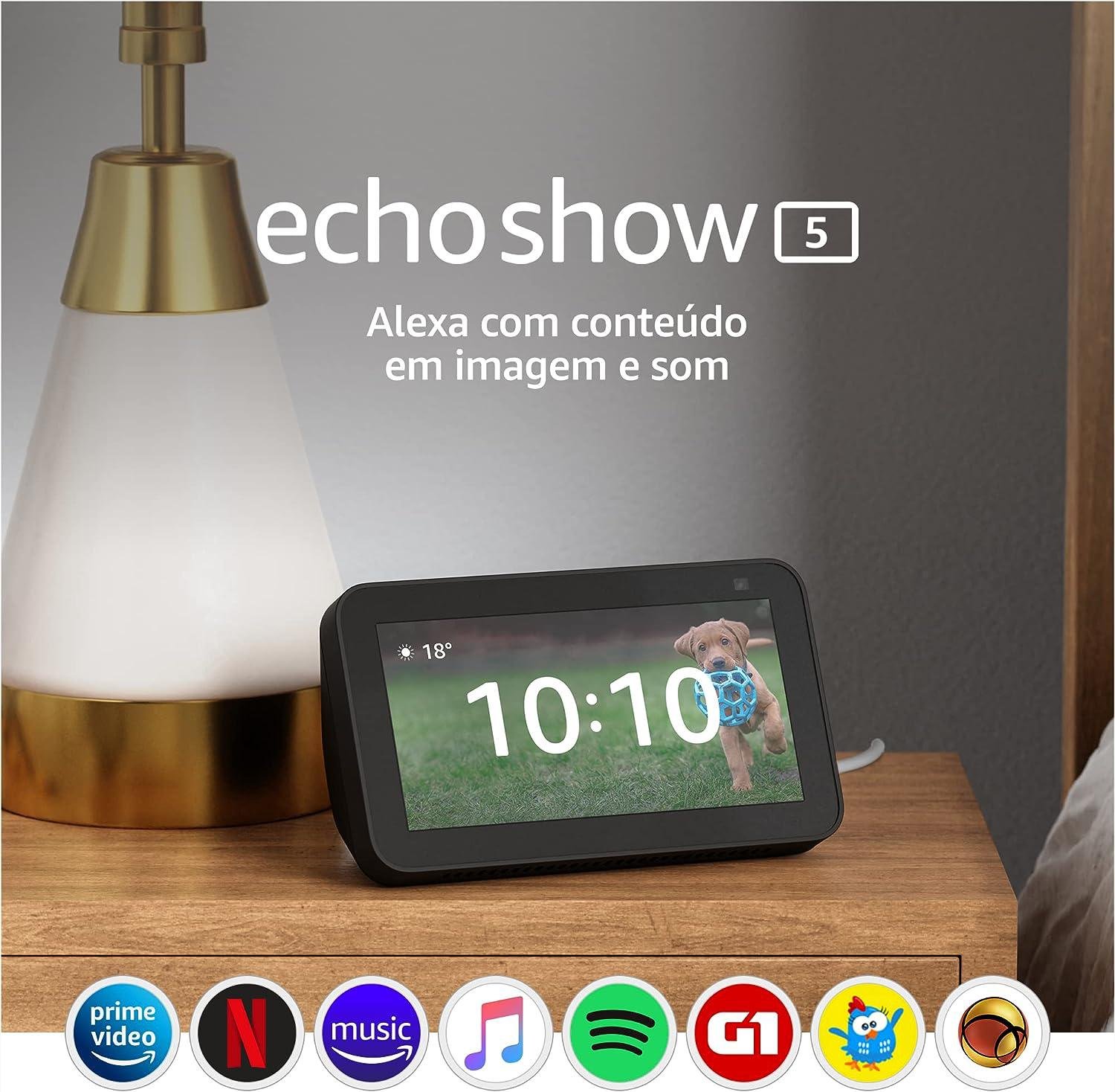 O Echo Show 5 reproduz vídeos, séries, filmes e trailers do Prime Vídeo, Youtube, Netflix e mais.