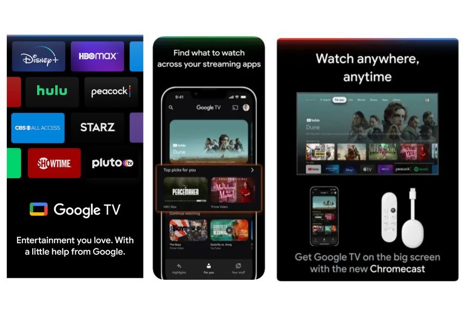 Visualização do Google TV em um smartphone Android, iPhone e um iPad.
