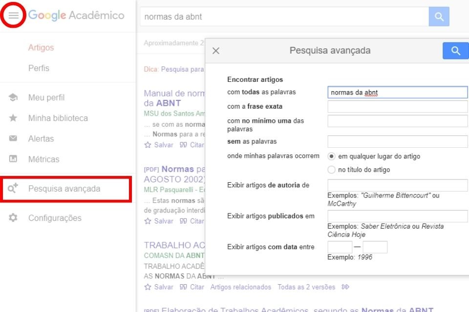 Resultados das pesquisas, no Google Acadêmico, pelas palavras