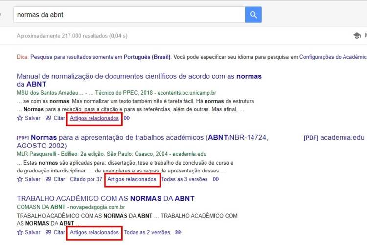 "Artigos relacionados" é um dos recursos de busca do Google Acadêmico.