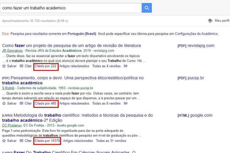 "Citado por" auxilia na procura por mais fontes relevantes sobre o tema de interesse.