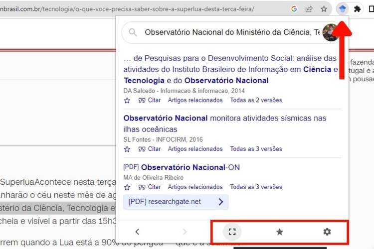 É possível abrir resultados em uma nova aba ou acessar "Minha Biblioteca" pela extensão.